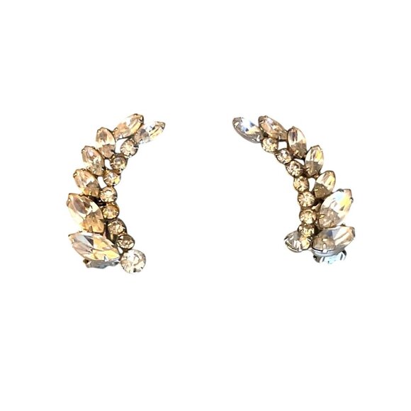 Vintage Weiss Clear Rhinestone Leaf Clip-On Earrings Silver Tone Elegant Design - Picture 2 of 8
